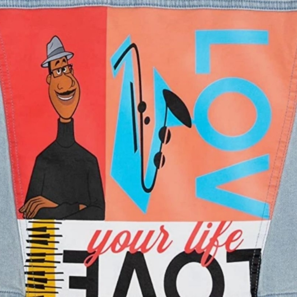 Disney Pixar Soul Denim Jean Jacket Love Saxophone Jazz Artistic Patches Sz XL - Picture 2 of 12